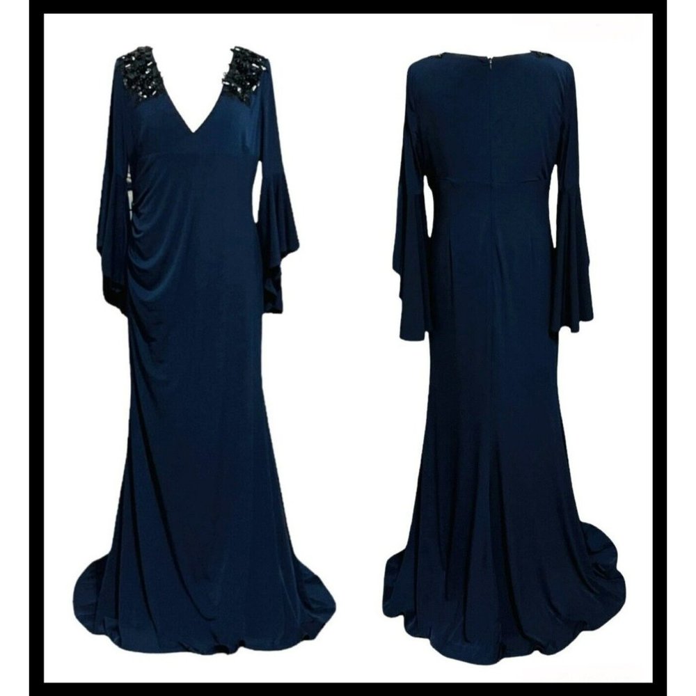 Calvin Klein Sz 12 Navy Blue V Neck Cropped Plain Maxi Dress Retail $221